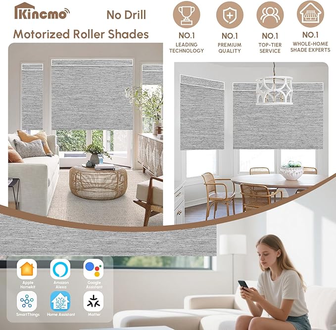 Kincmo No Drill Motorized Blinds with Remote, 100% Blackout Roller Shades for Windows, Custom Electric Blinds Compatible with Alexa, Apple Homekit, Google Home (100% Blackout Dreamy Grey)