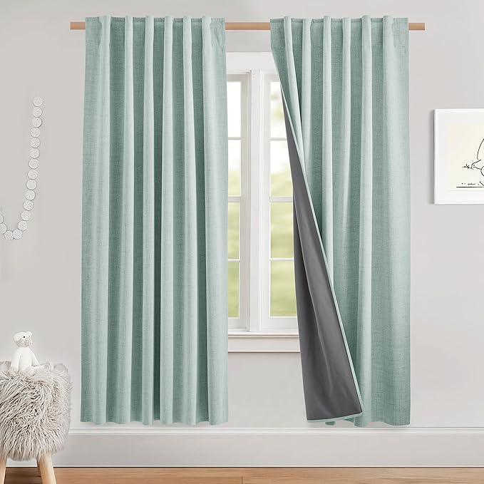 NICETOWN Seafoam Green Bedroom Full Blackout Linen Curtain Panels, Thick Insulated Classic Back Tab Blackout Draperies with White Thermal Insulated Liner for Windows (Set of 2, 52 by 72-inch)