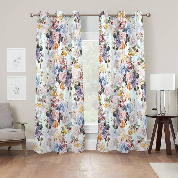 Renaiss Flower Blossom Curtains Watercolor Floral Painting Thermal Insulated Window Curtains for Living Room Bedroom Blackout Window Drapes Grommet Top 42W x 63L Inch 2 Panel Set