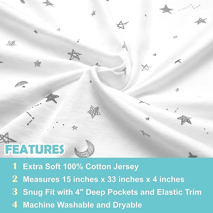American Baby Company 15" x 33" Fitted Bassinet Sheet, Printed 100% Natural Cotton Jersey Knit, Grey Star and Moon, Soft Breathable, for Boys and Girls