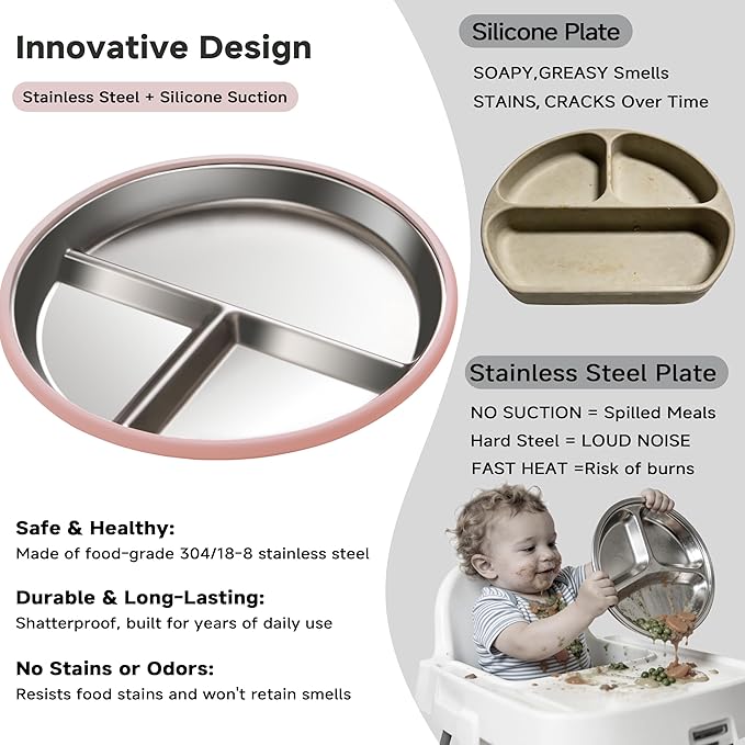 Bufims Stainless Steel Baby Plates with Suction, Divided Metal Toddler Plates with Removable Silicone Sleeves, Non-Slip Kids plates, BPA Free, Non-Toxic, Dishwasher Safe, 3 Pack