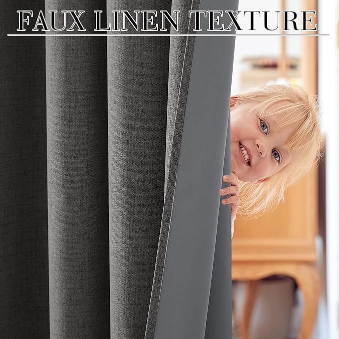 RYB HOME 100% Blackout Curtains Linen Textured 102 Inch Long, Insulating Energy Saving Window Curtains for Bedroom Living Room Dining Patio Sliding Glass Door, W52 x L102 inch, Grey, 2 Panels