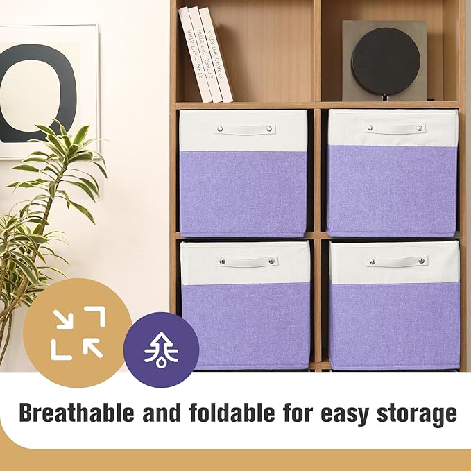 13 x 13 Inch Fine Linen Storage Bins with Handles，Fabric Cube Boxs，Basket Organizers for Shelves for Home, Closet Drawers (White/Purple-4 Pack)