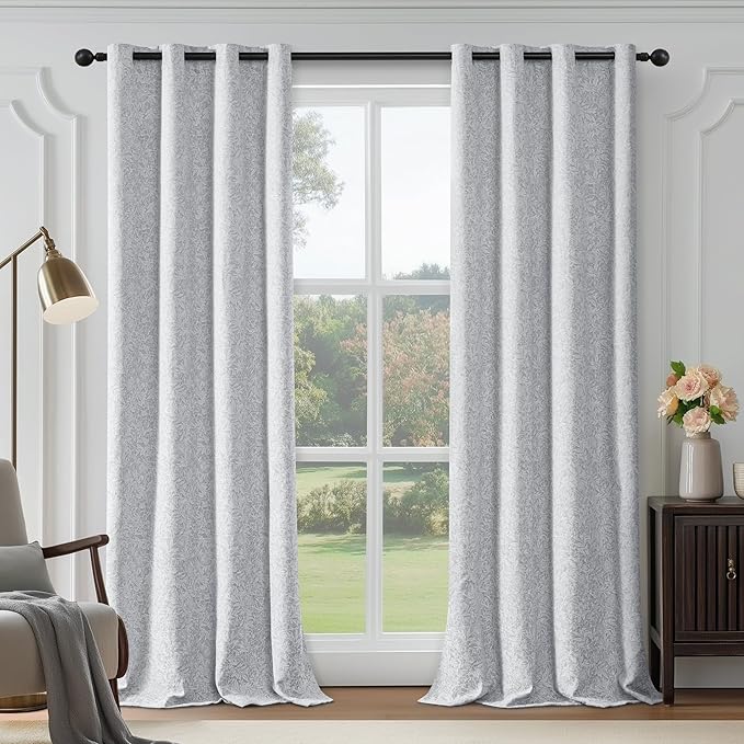 Metro Parlor Grey Floral Blackout Curtains 63 Inch Length for Bedroom, Jacquard Chenille French Vintage Flower Curtains for Living Room Darkening Thermal Insulated Gray Grommet Window Drapes,2 Panels