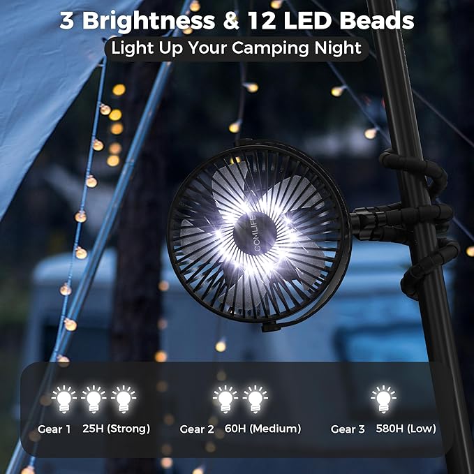 Camping Fan with LED Lantern-10000mAh Rechargeable Battery Operated Fan, 47H Run Time Max,3 Speeds,3 Timer,7 Inch Portable Clip on for Stroller Treadmill Tent RV Outdoor Emergency Outage Hurricane