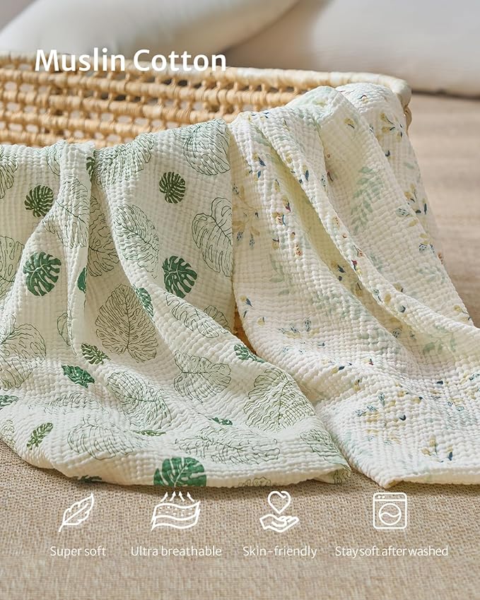 Blissful Diary Muslin Changing Pad Cover for Girls Boys, Ultra Soft Breathable Cotton, Baby Diaper Change Table Pad Covers, 2Pack (Leaf & Monstera Leaves)