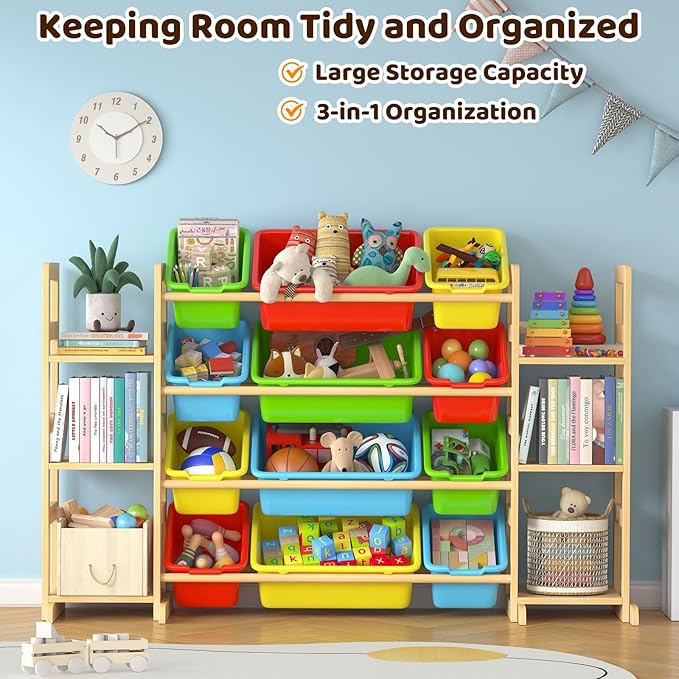 Large Toy Storage Organizer Kids Toy Organizer and Bookshelf Combo with 12 Bins and 6 Shelves Toy Organization Box Toy Shelf for Playroom, Bedroom, Nursery
