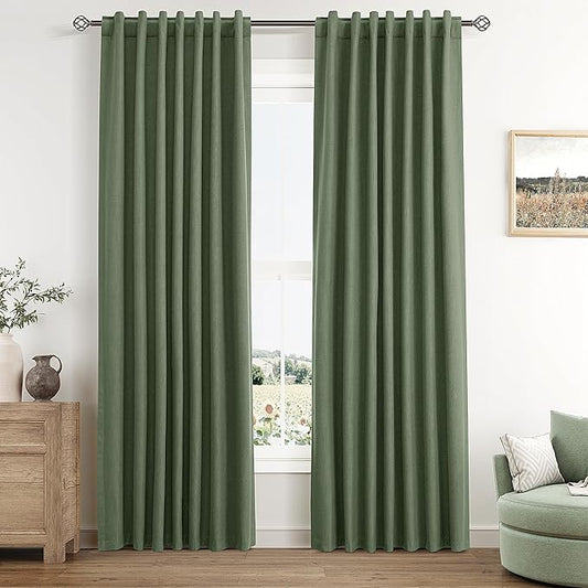 Guken Olive Green 100% Blackout Curtains 84 Inch Length 2 Panels Set for Living Room Bedroom Back Tab Thermal Insulated Black Out Linen Drapes Room Darkening Window Curtains 84 Inches Long