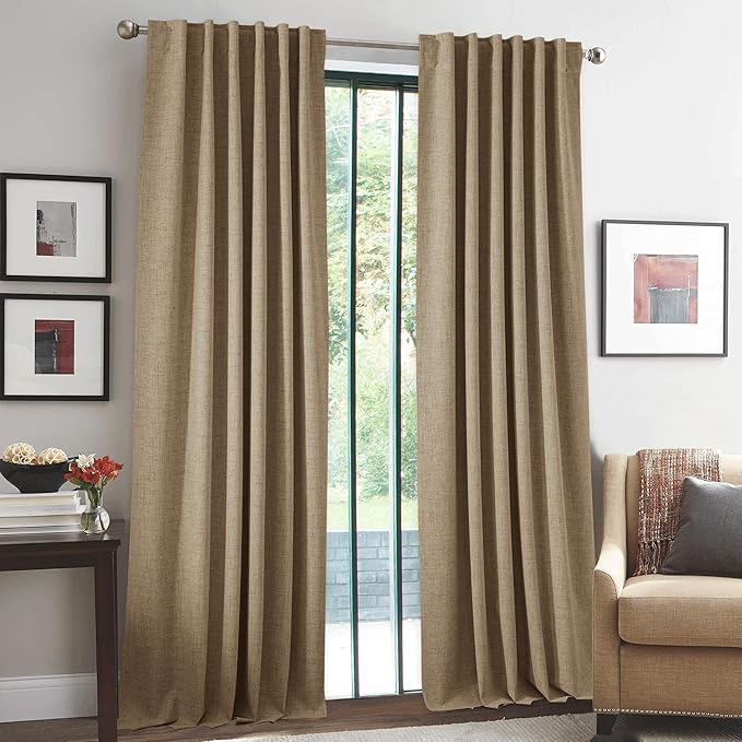 RYB HOME Linen Textured 100% Blackout Curtains for Bedroom, Insulating Energy Saving Window Curtains for Living Room Dining Patio Sliding Glass Door, Wide 52 x Long 90 inch, Burlap, 2 Panels