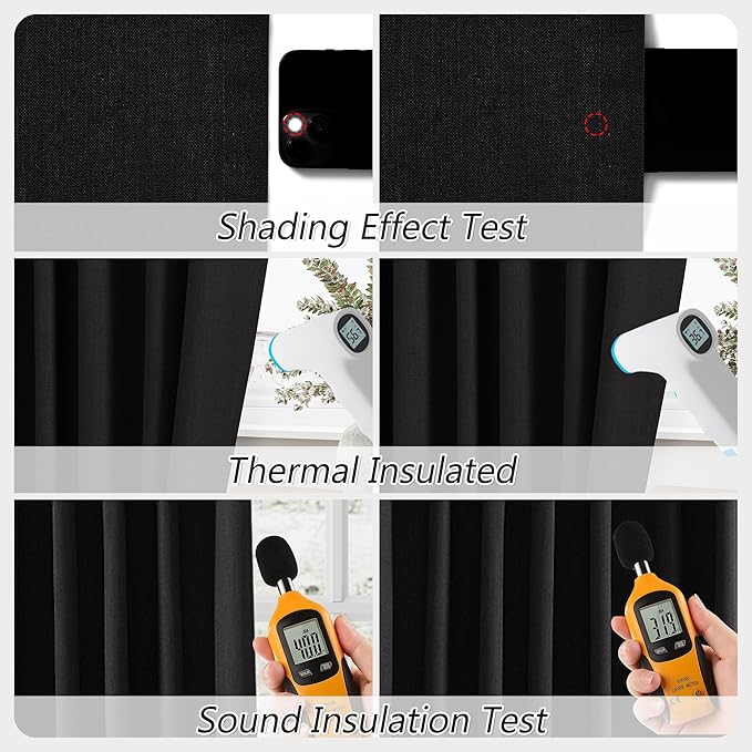Guken Black 100% Blackout Curtains 72 Inch Length 2 Panels Set for Living Room Bedroom Back Tab Thermal Insulated 100% Black Out Linen Drapes Room Darkening Window Curtains 72 Inches Long