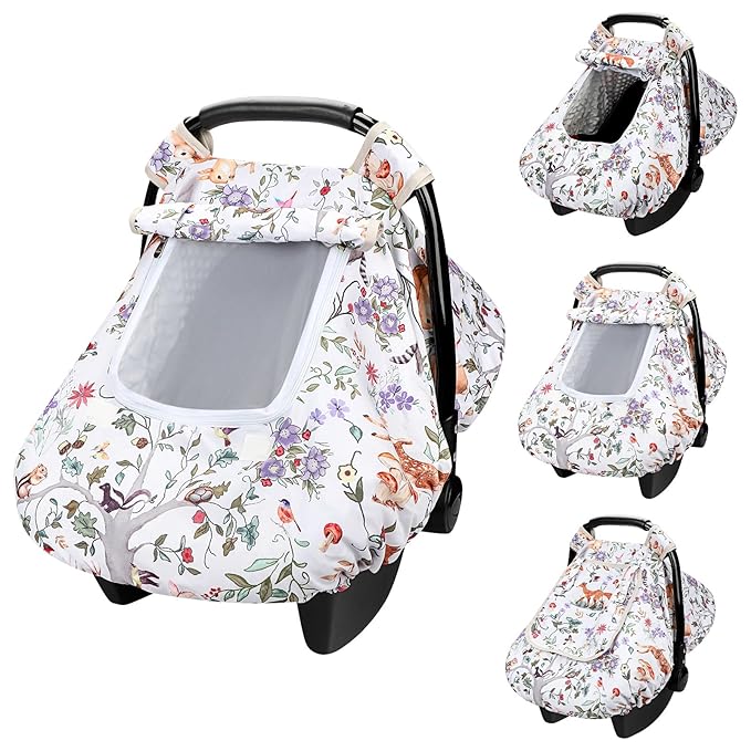 Baby Car Seat Cover, Minky Winter Infant Car Seat Cover with Windproof & Breathable Peep Window, Protects Baby from Wind & Sun (Woodland Animals)