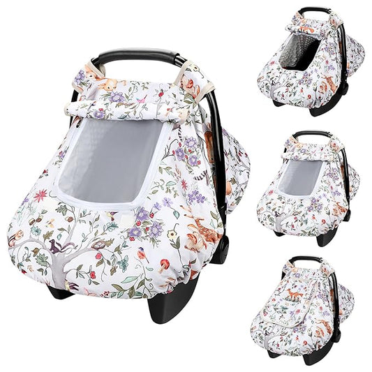 Baby Car Seat Cover, Minky Winter Infant Car Seat Cover with Windproof & Breathable Peep Window, Protects Baby from Wind & Sun (Woodland Animals)
