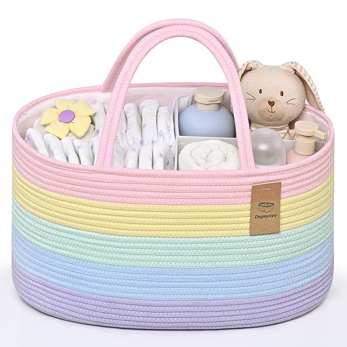 19L Baby Diaper Caddy Organizer, 16.8"x9.8"x9" Cotton Rope Diaper Basket, Changing Table Storage Caddy With Removable Divider, Baby Basket for Nursery, Car, Diapers, Baby Shower Gifts for Newborn