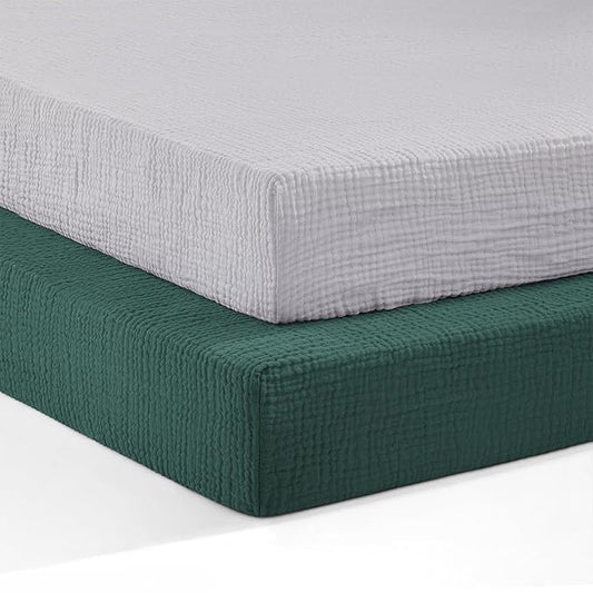 Pro Goleem Muslin Pack n Play Sheets for Boys and Girls, Soft Breathable Cotton Fitted Mini Crib Sheets, Neutral Baby Sheets for Playard Mattress, 2 Pack (Grey＆Green)