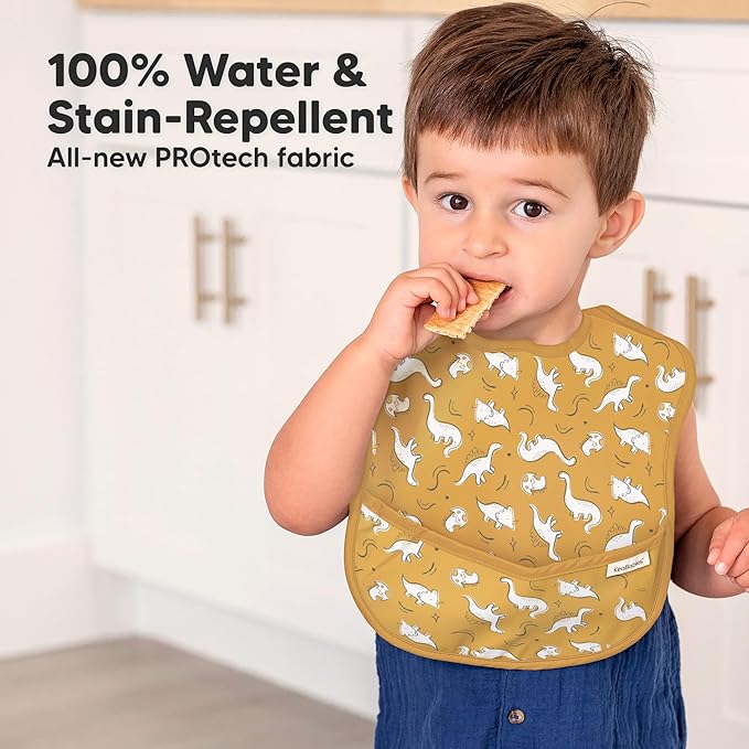 3-Pack Waterproof Baby Bibs for Eating - Lightweight Toddler Feeding Bibs with Large Food Catcher, Mess Proof, Food-Grade Baby Eating Essentials, Easy to Put On & Clean (Mesozoic)