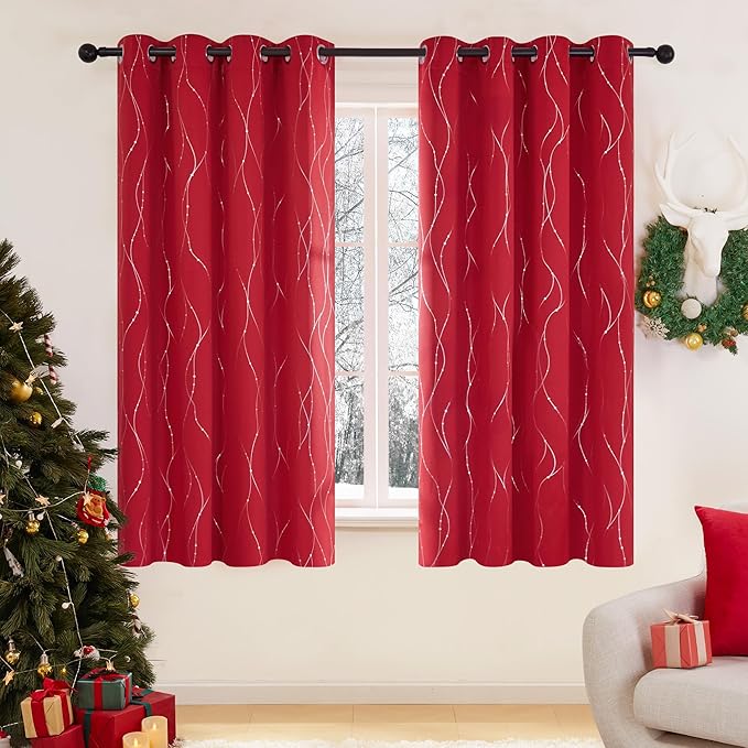 Deconovo Christmas Curtain, Red Curtains, Blackout Drapes, Thermal Insulated Soundproof Drape, Wave Line Dot Foil Print, 52 x 54 Inch, 2 Panels, Machine‑Washable Window Panel for Small Windows Kitchen