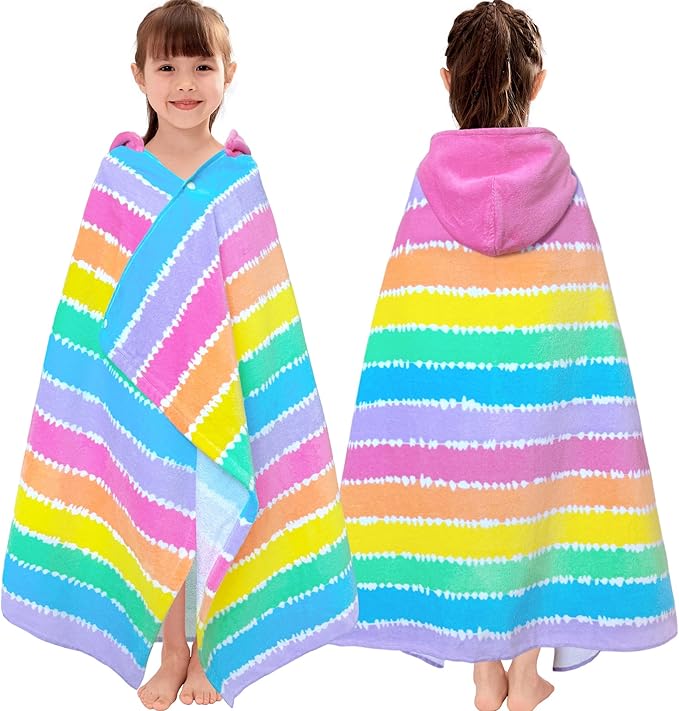 VOOVA & MOVAS Hooded Beach Towel for Girls & Kids (3-8 Years) | 30"x50" Soft Absorbent 100% Cotton Towel Wrap | Perfect for Toddler Beach, Pool, Bath, Swimming | Striped Color Design