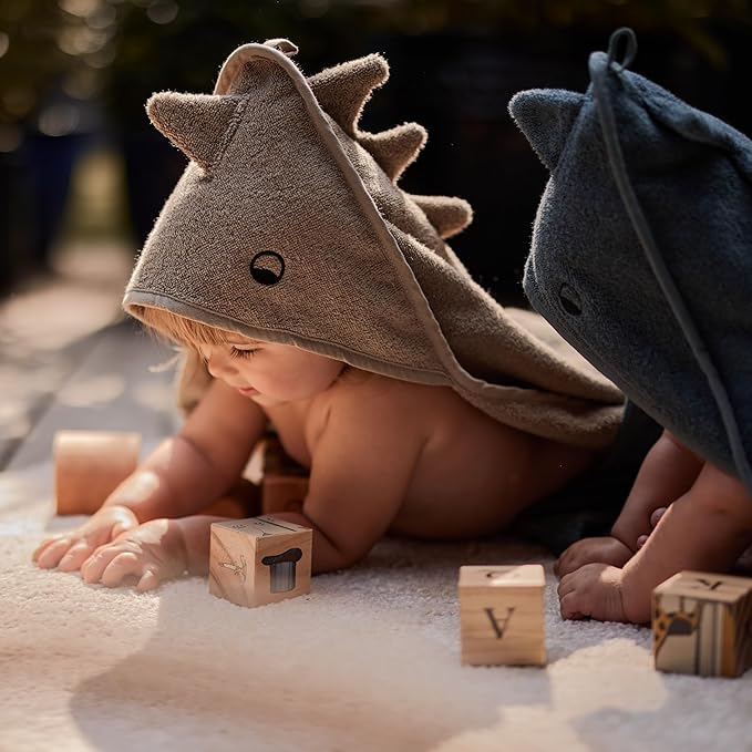 Baby Hooded Towel – Organic Cotton Baby Bath Towels, 32" x 32" Super-Soft and Absorbent Baby Towels for Newborn 2-Pack (Towel Dino Green Moss/Dino Tradewinds)