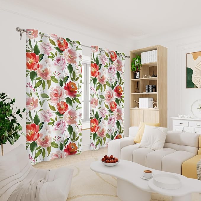 Renaiss Watercolor Flowers Curtains Rose Peony Floral Print Blackout Window Curtain Panels Thermal Insulated Grommet Top Window Curtains for Living Room Bedroom 29W x 55L Inch 2 Panel Set