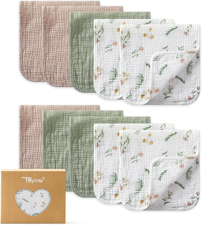 TILLYOU Muslin Burp Cloths Baby Boy Girl 20" x 10", 6-Layer Absorbent 100% Cotton Burping Cloths Large Soft, 10 Pack(Daisy)