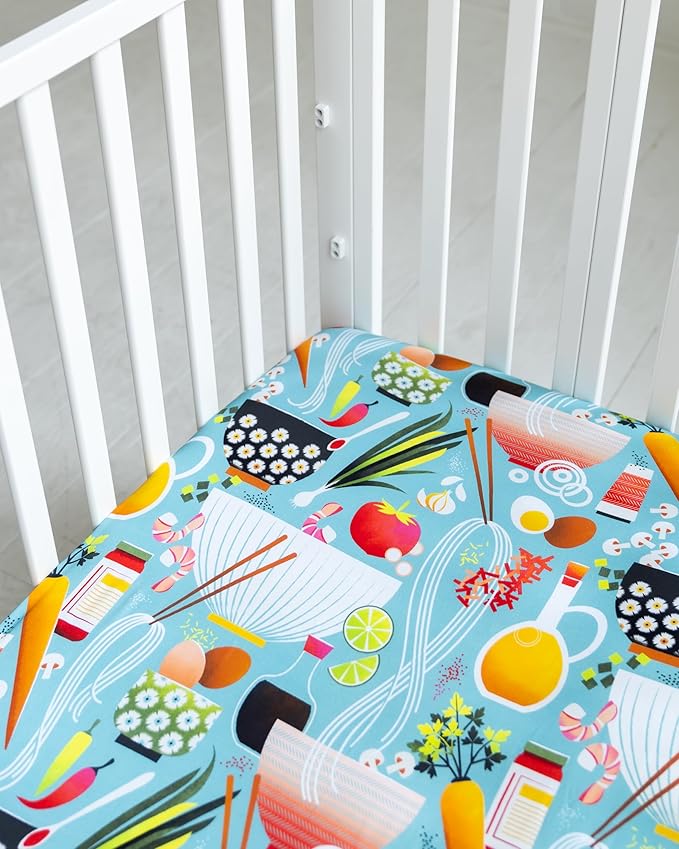 Jade&Kai 2-Pack Fitted Crib Sheets | Gently Made for Sensitive Skin | Premium Soft and Stretchy Viscose | Designed by Mamas (Pretty Poppies & Naptime N' Noodles)
