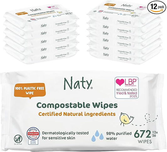 Eco by Naty Unscented Baby Plant based Compostable Wipes, 0% plastic, No nasty chemicals, White, 672 Count