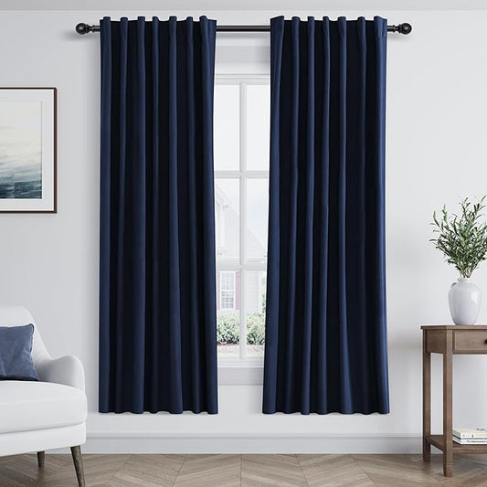 Guken Navy Blue 100% Blackout Curtains 63 Inch Length 2 Panels Set for Living Room Bedroom Back Tab Thermal Insulated Black Out Linen Drapes Room Darkening Window Curtains 63 Inches Long