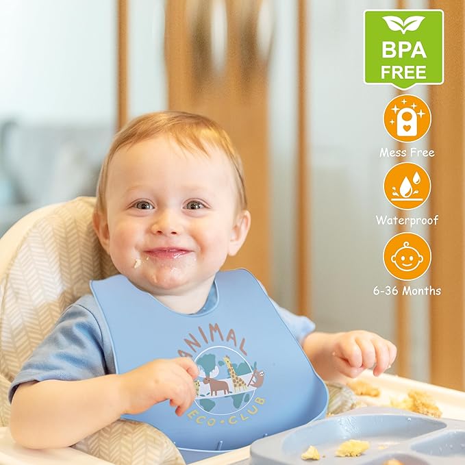 BEBE FAVOUR 2 Pack Silicone Baby Bibs Adjustable Fit Waterproof Bib With Leak Proof Food Pouch Catcher for Eating Boys Girls