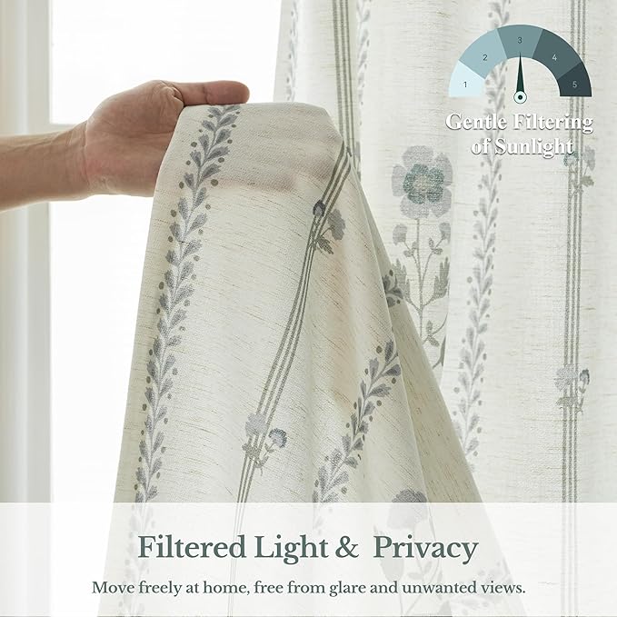 Pinch Pleated Curtains for Living Room Bedroom Dining Room - 102 Inches Light Filtering Floral Curtains Luxury Linen Drapes Farmhouse Window Curtains with Hooks and Rings - 2 Panels Set