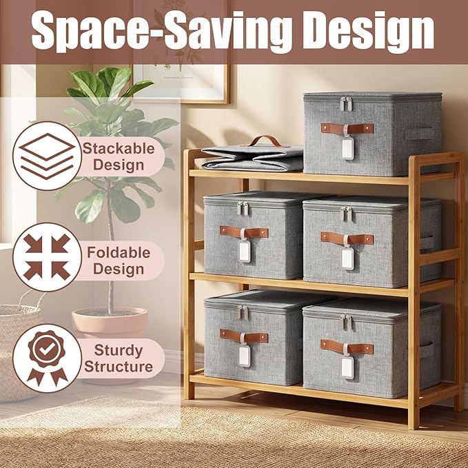 6 Pack Fabric Closet Storage Bins with Zipper Lids and Label, 10×8×7In Large Size Foldable Cotton Linen Storage Cubes Boxes with PU Leather Handles Holders for Bedroom, Shelf, Nursery, Gray