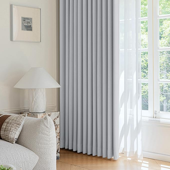 FMFUNCTEX 100% Light Grey Blackout Curtains for Living Room, Curtains 96 Inches Long Weave Textured Thermal Insulated Curtains for Bedroom, Black Out Drapery Grommet Room Darkening 2 Panels