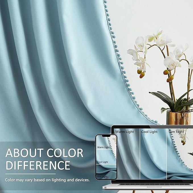Treatmentex Pom-Pom Blue Curtains Living Room 90 inches Energy Efficient Thermal Insulated Room Darkening Curtain Panels for Bedroom Window Draperies Nursery Room Children 52" w x2 Panels Rod Pocket