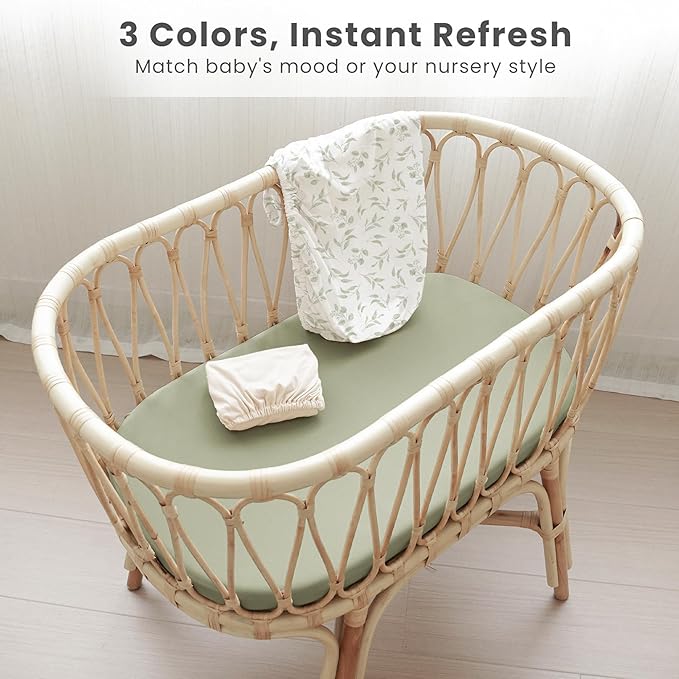 Konssy 3 Pack Stretchy Bassinet Sheets for Baby Girl Boy, Soft Breathable Baby Bassinet Mattress Sheets Fit for Hourglass Oval Cradle, Moses Basket Rectangle Mattress (Green Leaves)