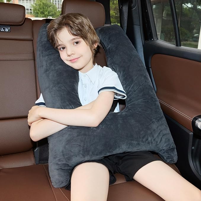 Car Pillow for Kids Travel Pillow with Adjustable Strap, Kids Floor Pillows Cushions for Adults and Children to Support Head and Body Road Trip Essentials (Grey)