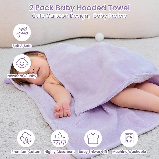 Mooreeke 2 Pack Toddler Towels - 100% Cotton Toddler Hooded Towels - Soft Baby Bath Towel with Hood for Newborn - Comfort Towel for Baby Girls and Boys - Animal Shaped (Fox & Cat)