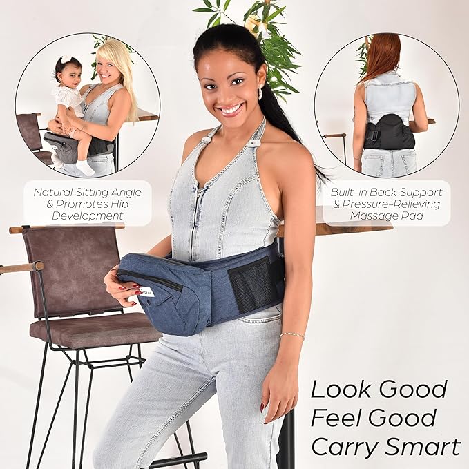 Baby Carrier with Hip Seat - with Lumbar & Back Support – Adjustable Waistband with Strong Support - Health Certified, Machine Washable, Fits Medium–Large (Grey)