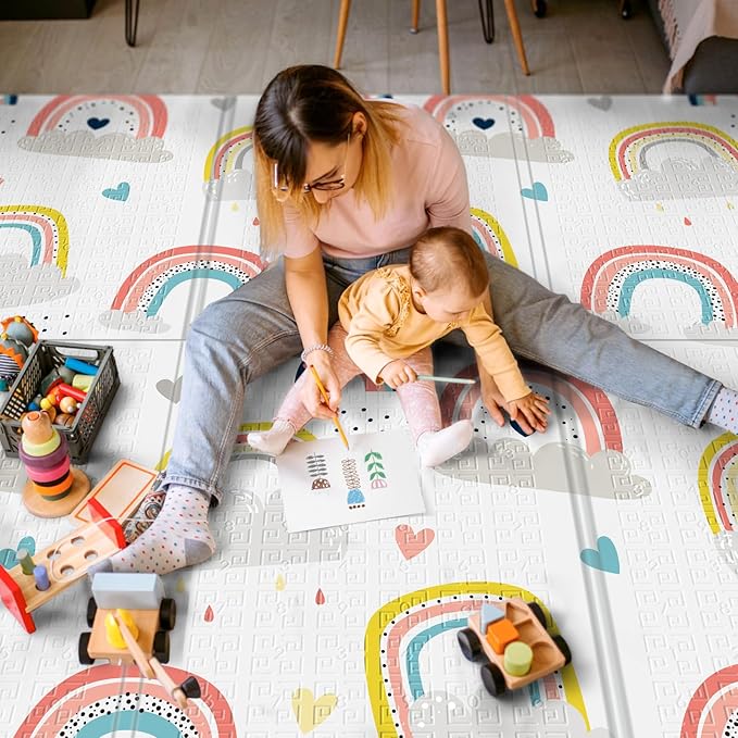 Foldable Foam Baby Play Mat for Floor, Babies Activity Tummy Time Playmat, Kids Non Toxic Foam Thick Play Mat for Baby, Toddlers, Waterproof & Anti-Slip Crawling Mats,Rainbow,59x59x0.4