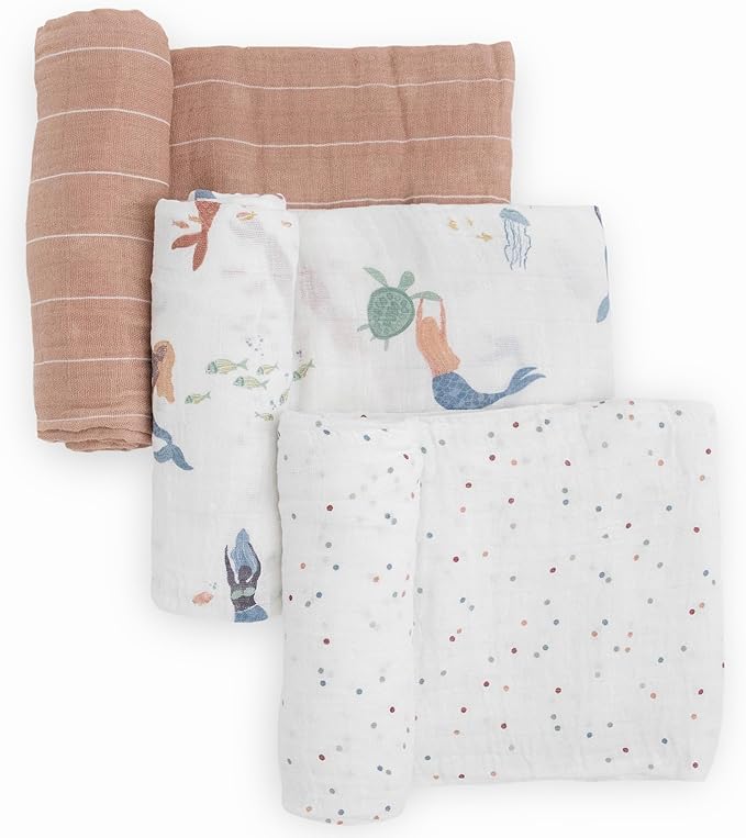 Little Unicorn Muslin Swaddle Blanket for Newborns & Infants | Soft & Breathable Fabric | Set of 3 Baby Blankets for Swaddling, Nursing, Shower Gifts (Mermaids)