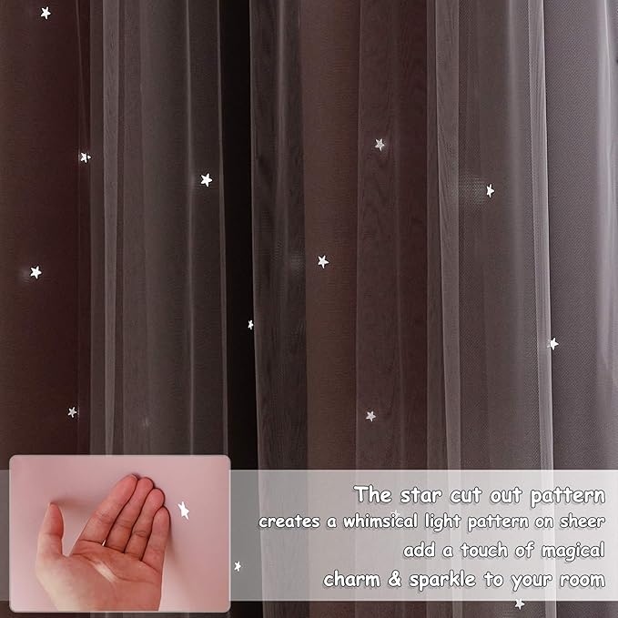 NICETOWN Baby Room Decor, Short Window Curtains for Girls Bedroom, Mix & Match Elegance White Sheer x Cosmic Star Themed Curtains for Daughter's Room (Pink & Grey, W52 x L63/Per Panel, Set of 2)