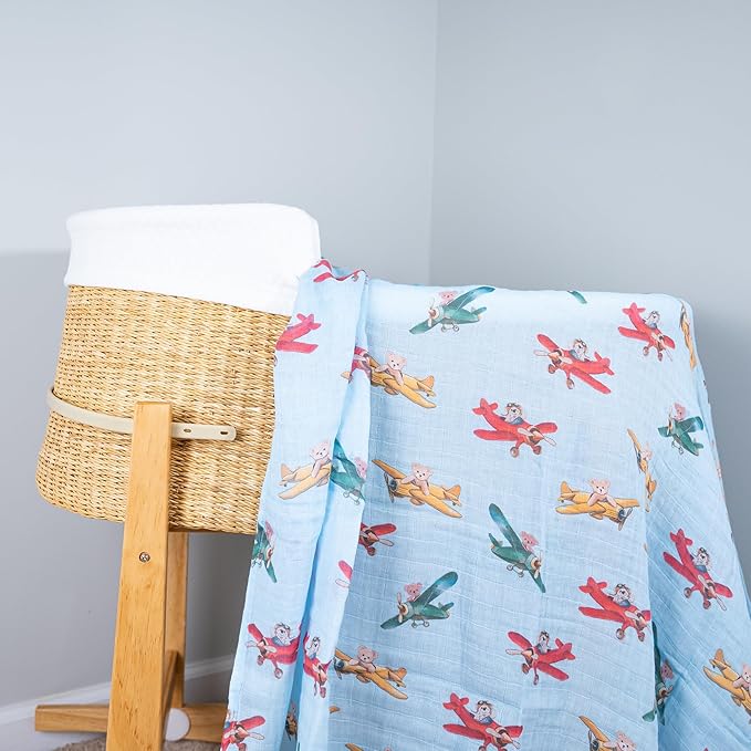 LollyBanks Muslin Swaddle Blankets, 100% Cotton Breathable Baby Blanket for Boys and Girls, Soft and Lightweight 47 x 47 Inches Newborn Swaddle Wrap, Baby Essentials Must Haves (Plane and Bear Print)