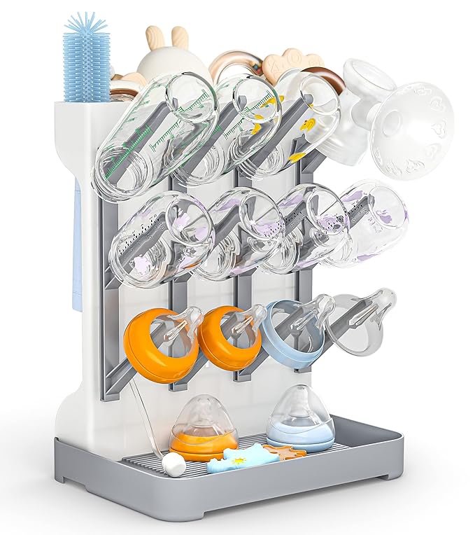 GoMaihe Baby Bottle Drying Rack: Space Saving Vertical Bottle Dryer Holder - Baby Accessories Storage Stand Organize Brushes Pacifiers on Countertop - BPA-Free - Gray
