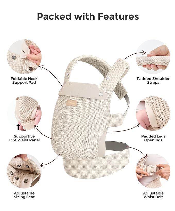 Momcozy Breathable Baby Carrier, Ergonomic and Lightweight Infant Carrier for 7-45lbs with Enhanced Lumbar Support, All Day Comfort for Hands-Free Parenting, Air Mesh-Apricot Beige
