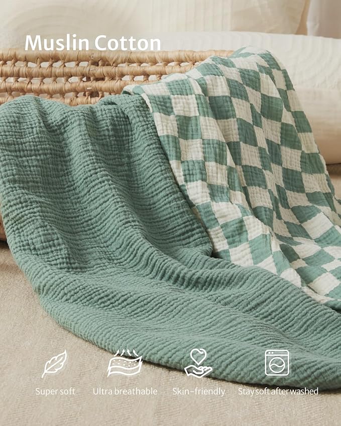 Blissful Diary Muslin Crib Sheets for Girl Boy, Boho Neutral Soft Cotton Baby Sheet for 52''x28'' Standard Crib Mattress, 2 Pack(Sage Checkboard & Sage Green)