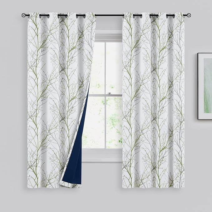FMFUNCTEX 100% Blackout Curtains for Bedroom, Sage Green White Curtains 63 Inch Length for Living Room, Modern Tree Branch Patterned Thermal Insulated Drapes Window Treatment, Grommet Top 2 Panels