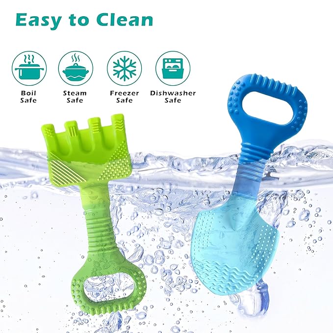 Gardening Tool Baby Teething Toys - Shovel & Rake Silicone Teethers for Babies 3-12 Months, Freezer-Safe Chew Toys for Teething Relief & Sensory Development, Ideal Stocking Stuffers & Christmas Gifts