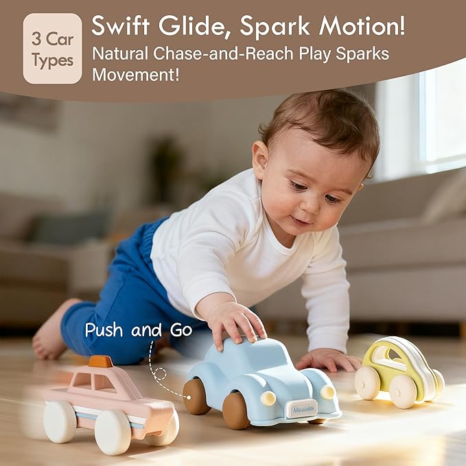 Moonkie Food Grade Silicone Toy Cars for Babies & Toddlers, Push and Go Baby Car Toys 6–12 Months, Baby Teething Toys 4–6 Months, One-Piece Design Infant Toys, Birthday Gifts for Boys & Girls, 3 Pack