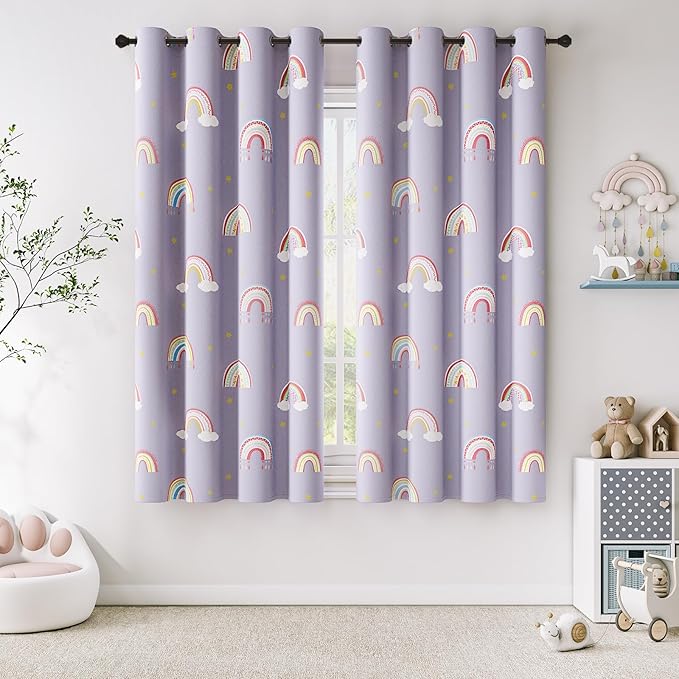Vangao Easter Boho Girls 100% Blackout Curtains Purple for Kids Room 63 Inch Length, Rainbow Window Drapes for Living Room Nursery Thermal Insulated Room Darkening Curtains Bedroom Grommet 2 Panels