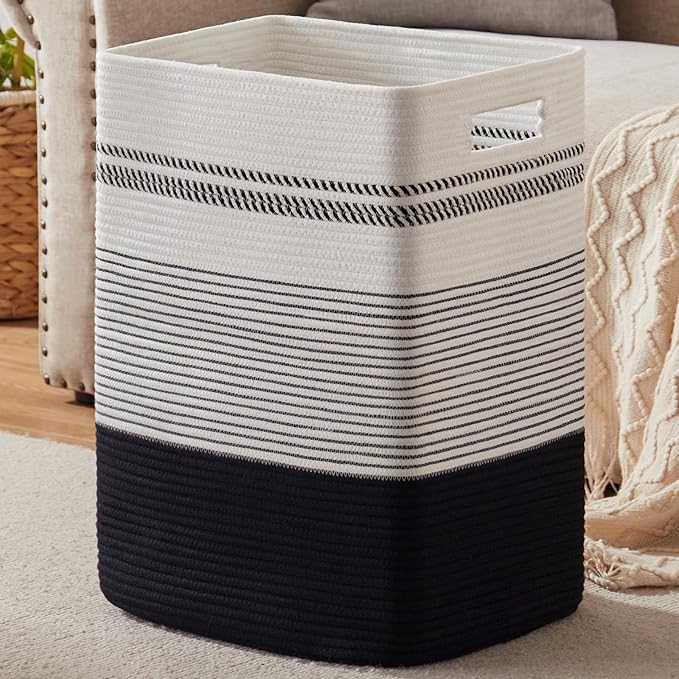 Laundry Basket, Large Woven Rope Tall Laundry Basket with Handles, Decorative Storage Basket for Clothes and Blankets in Living room, Bedroom