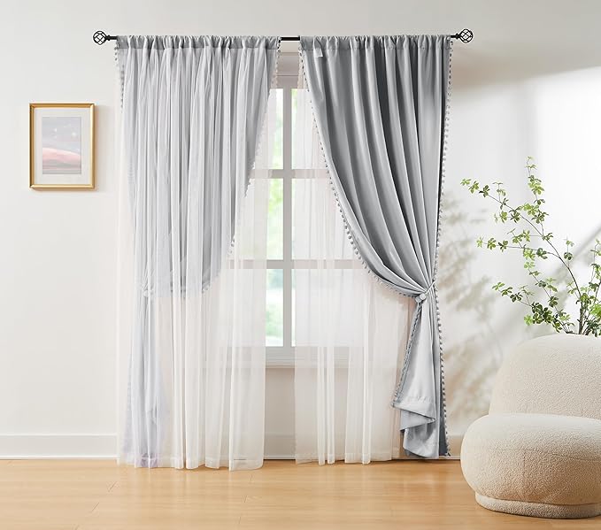 Treatmentex Pom-Pom Blackout Curtains with Sheer Overlay for Living Room Bedroom Kid's Nursery Room, Grey Mix and Match Double Layer Room Darkening Window Curtain Panels with Tie Backs, 2 pcs, 52x84