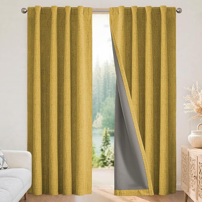 Joydeco Blackout Curtains for Bedroom - 63 Inch Long 100% Light Blocking 2 Panels Set Yellow Drapes, Thermal Insulated Room Darkening Curtains, Linen Textured for Living Room, Rod Pocket & Back Tabs